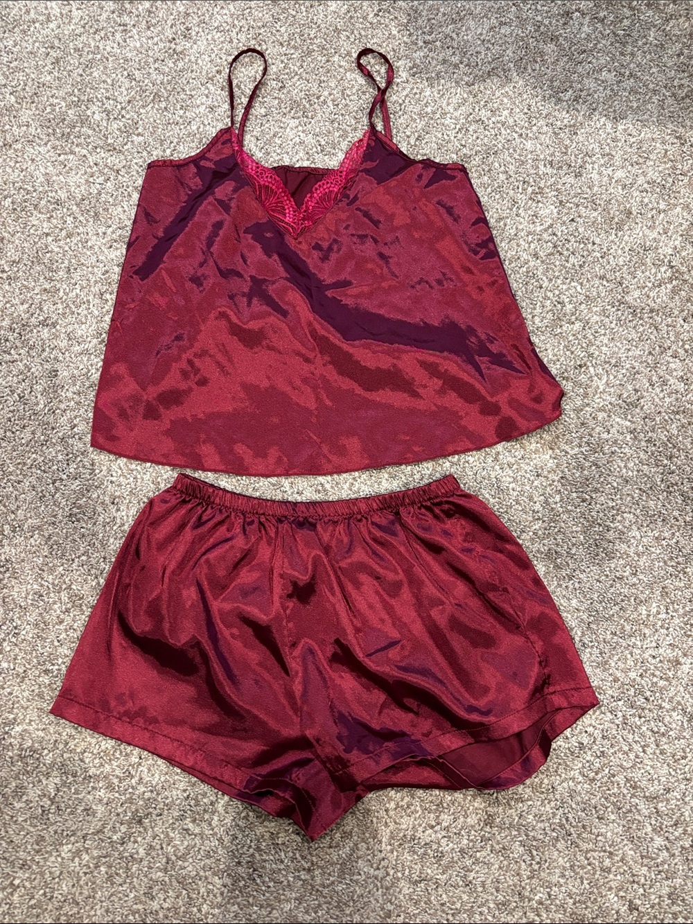 Satin Lace Trim Cami & Short Sleep Set - Burgundy